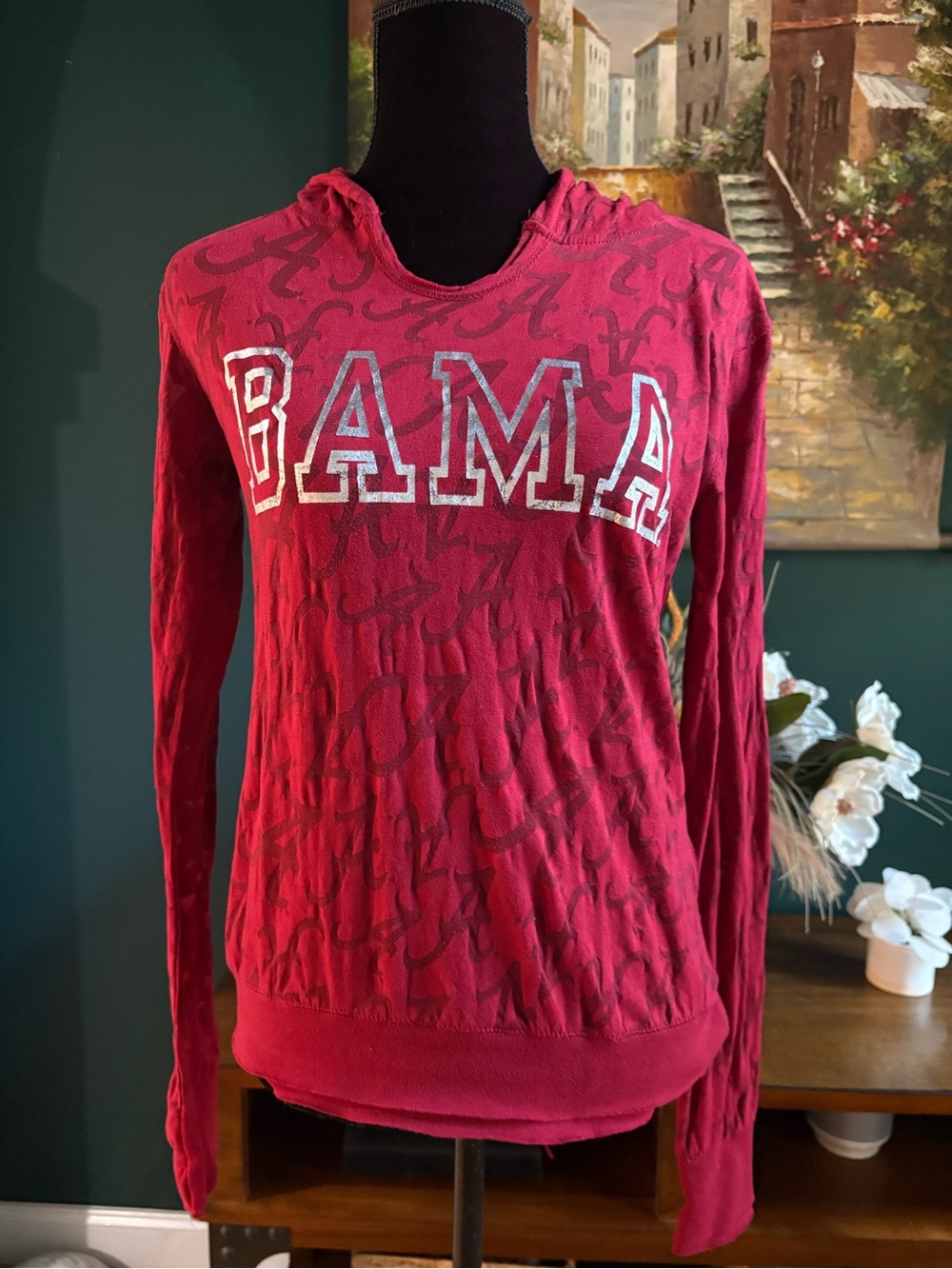 Red Hooded Women's Long Sleeve Shirt Sz Medium